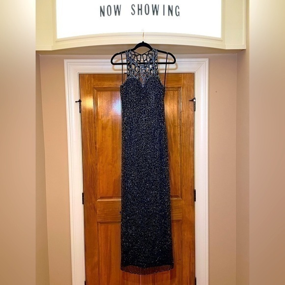 Scala Silk Vintage Beaded Sequins Y2K prom pageant Maxi Formal Gown Caged Back